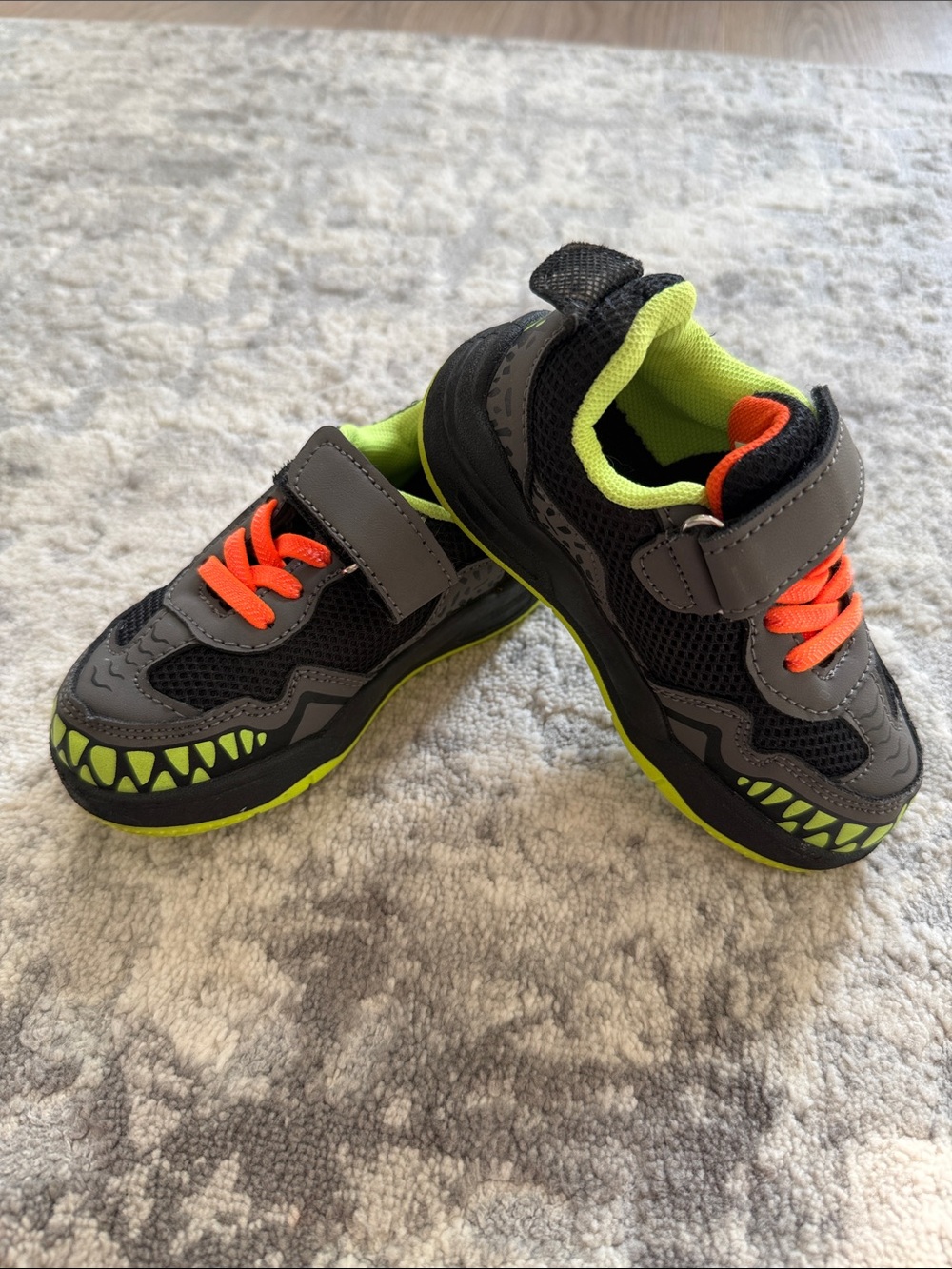 Dinosaur Kids Black Sneakers with Neon Green & Orange Accents